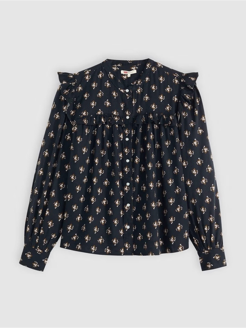 Navy Floral Ruffle Snap Button Blouse - Picture 5 of 9